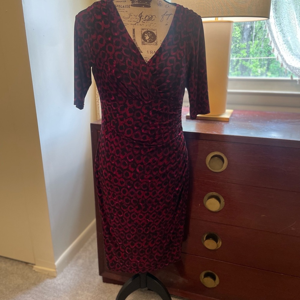 Ralph Lauren Faux Wrap Short Sleeve Stretch Dress ~ 8 ~ Fuchsia & Black